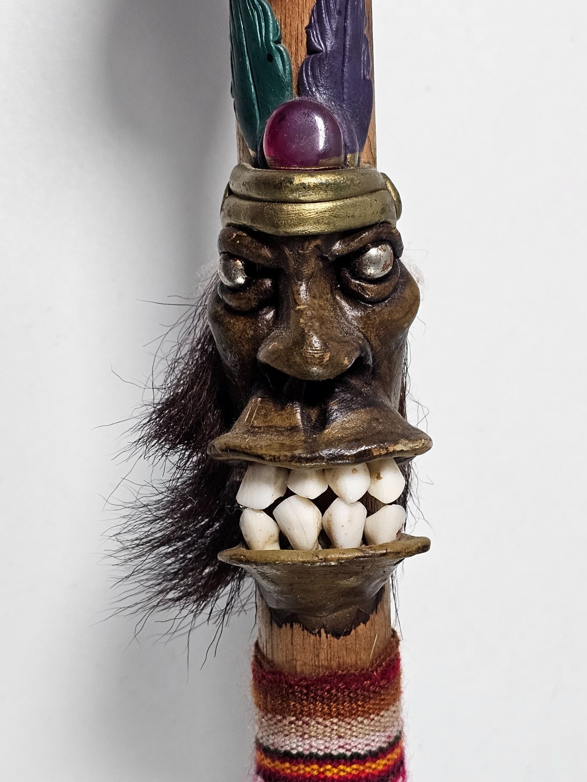 Vintage Tribal Carved Cane Walking Stick Faces & Horn Shape Handle Deer Hoof 41\