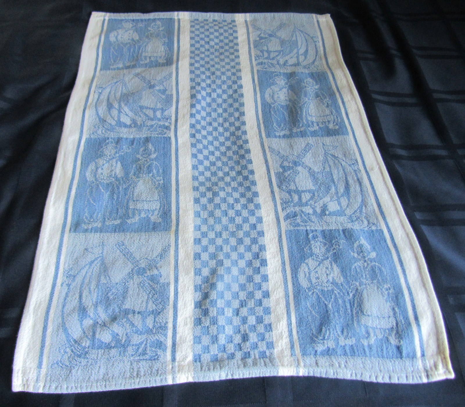 Vtg Dutch Woven Dish Towel Windmills Traditional Clothing Blue White Kitchen Tea