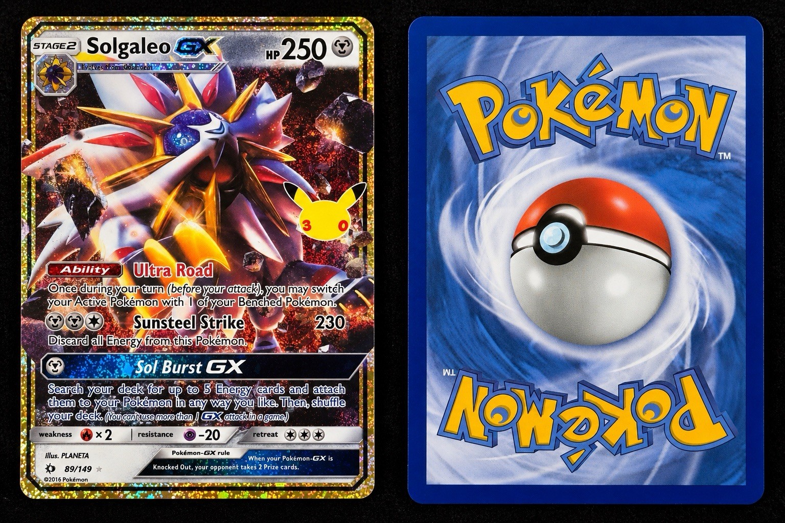 Pokémon 30th Celebration Solgaleo-GX Holo – 30th Anniversary Pikachu Stamp
