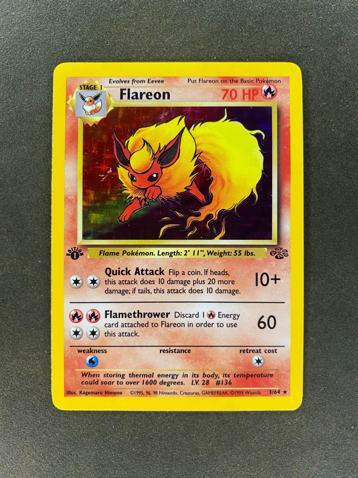 1st Edition - Flareon 3/64 - Holo Rare - Jungle Set - Vintage 1999 Pokemon Card 1st Edition - Flareon 3/64 - Holo Rare - Jungle Set - Vintage 1999 Pokemon Card