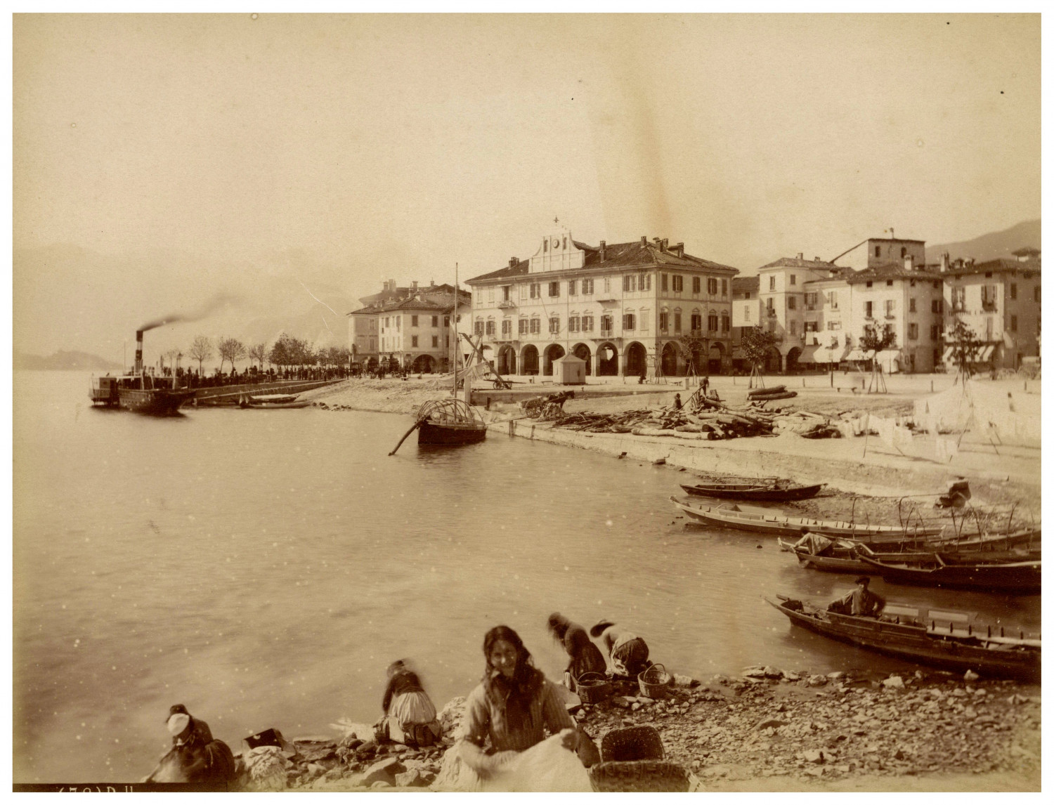 Italy, Pallanza, Lake and Town Hall View Albumen Print 19x25  