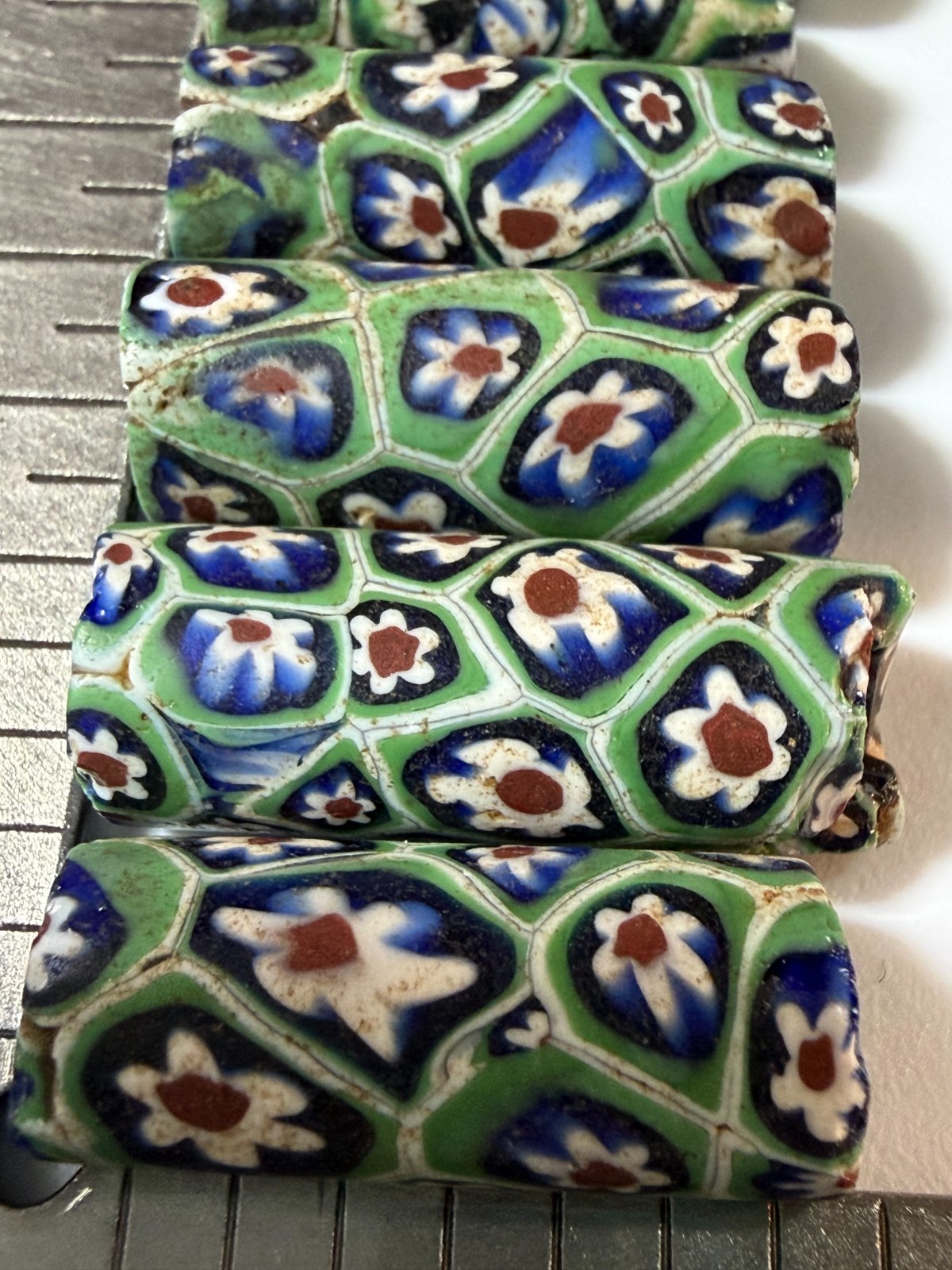 Authentic Antique 19thC Green Venetian Cylinder Chevron-Core Floral 6pc Bead Lot