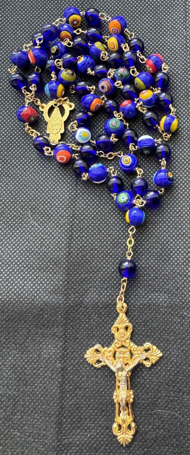 Vintage Rossetti Murano Glass Beads Rosary Italy Blue, Red, Orange, Gold 56.20g