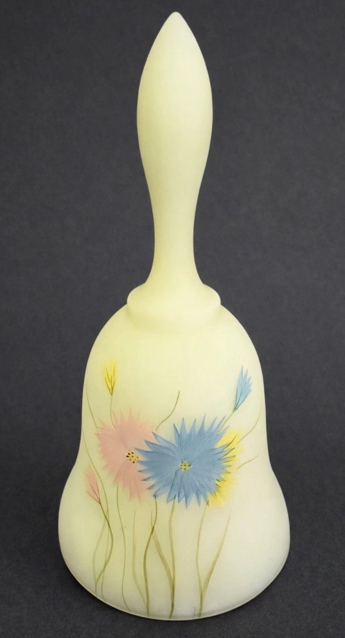 Fenton Uranium Glass Hand-Painted Bell Floral Custard Satin UV Glow Signed