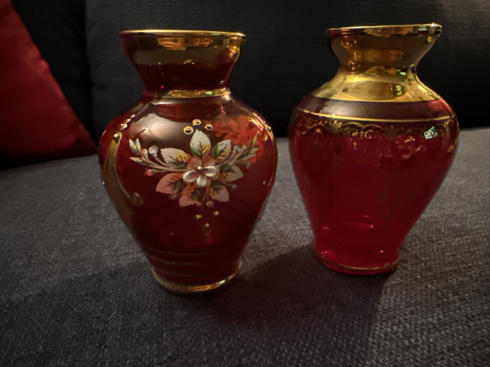 vintage Bohemian cranberry glass vases w/ hand-painted floral enamel 4.5” Tall vintage Bohemian cranberry glass vases w/ hand-painted floral enamel 4.5” Tall