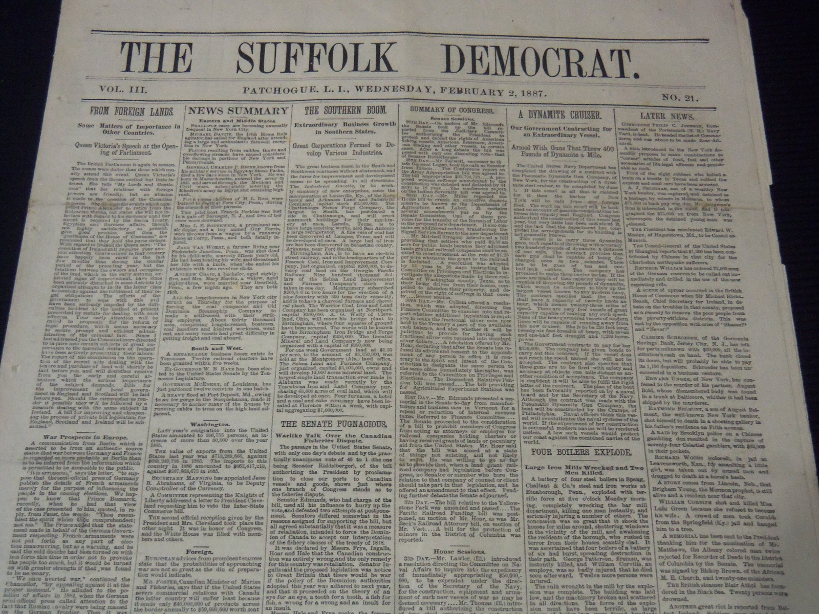 1887 FEBRUARY 2 THE SUFFOLK DEMOCRAT NEWSPAPER - NEW EAST RIVER BRIDGE - NT 9603