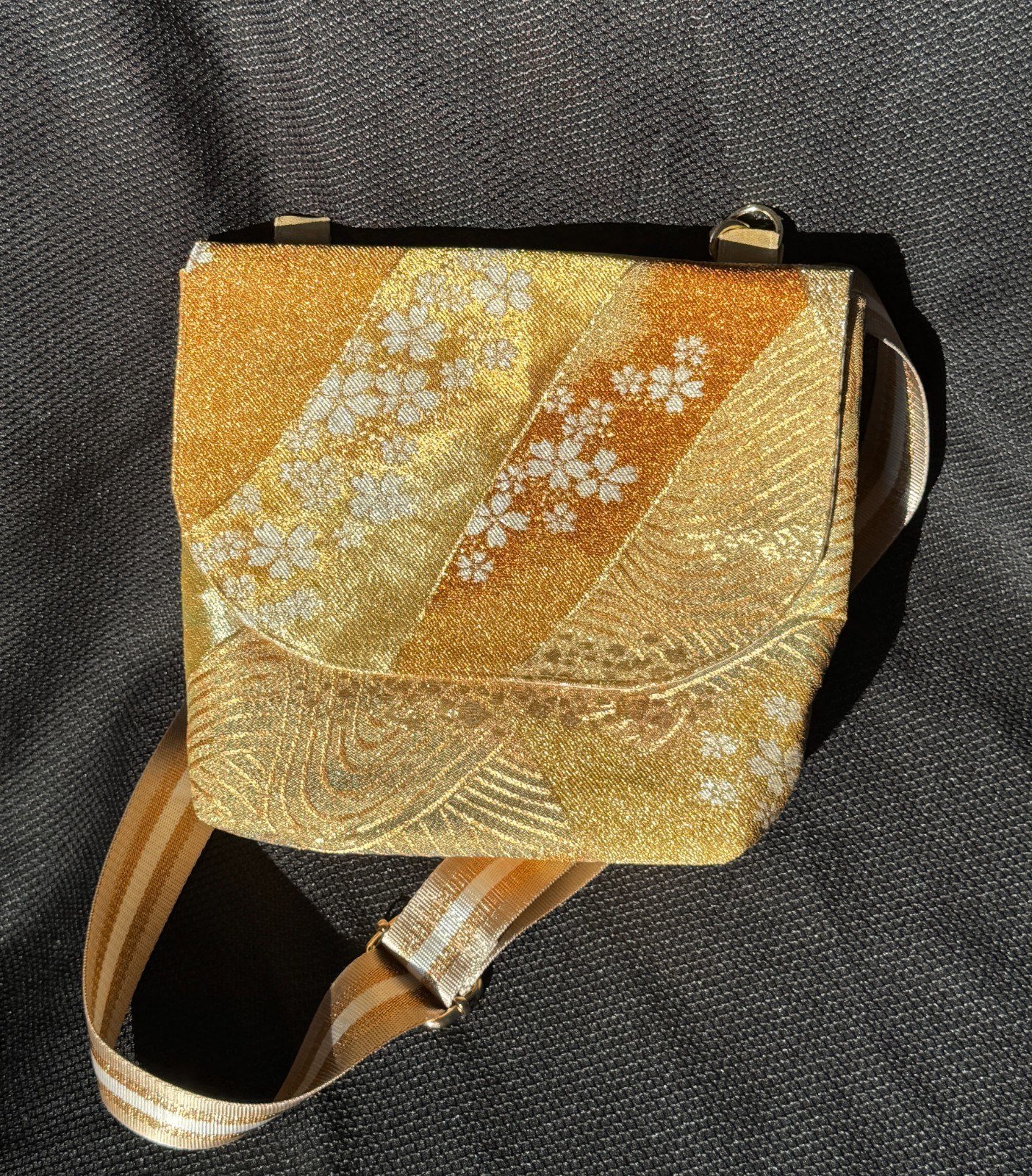 Beautiful Vintage Kimono Obi Shoulder Bag / Crossbody Bag, Sakura Gold
