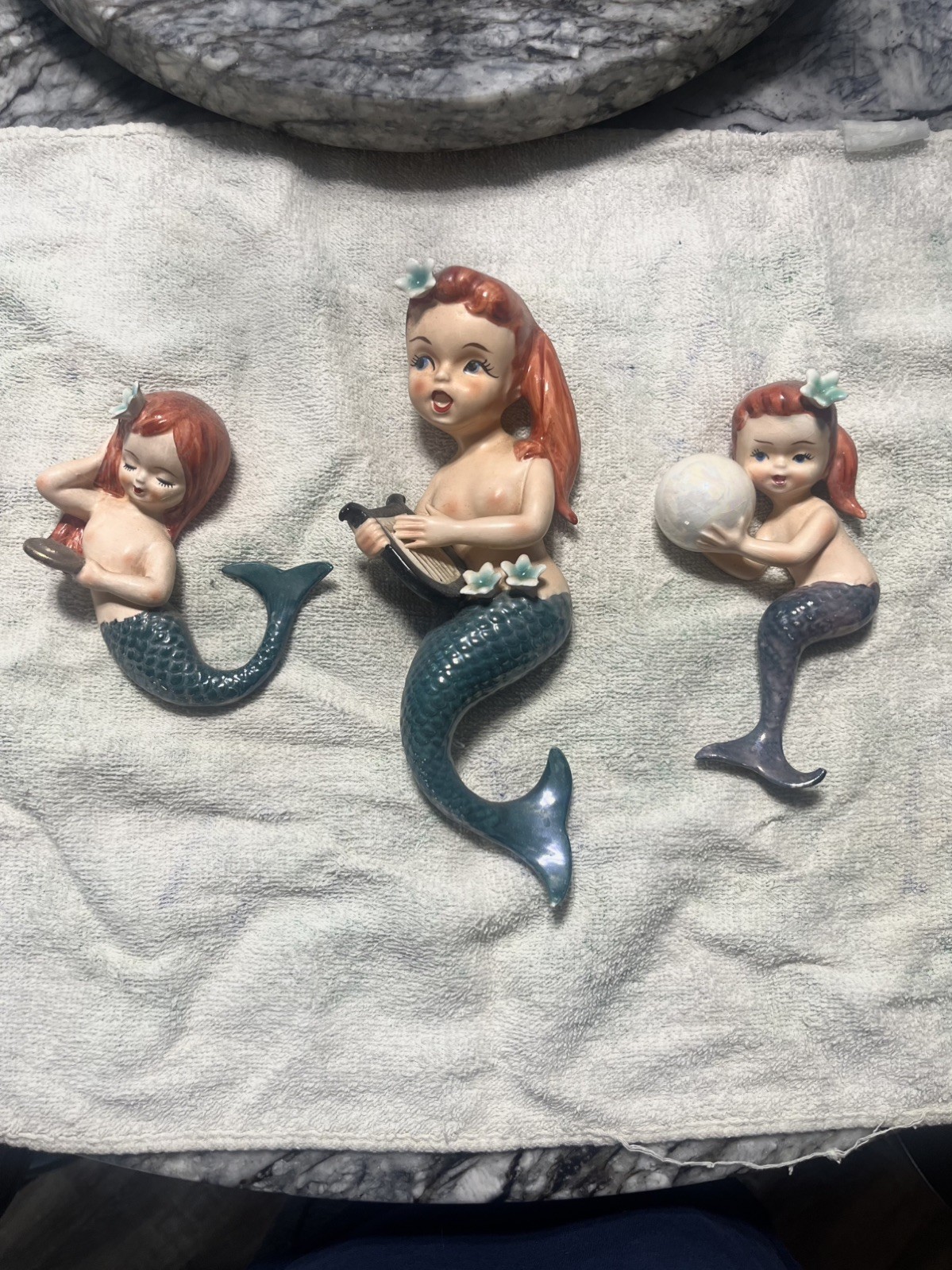 Vtg Lefton Japan Ceramic Mermaid Trio Wall Plaque Red Head 