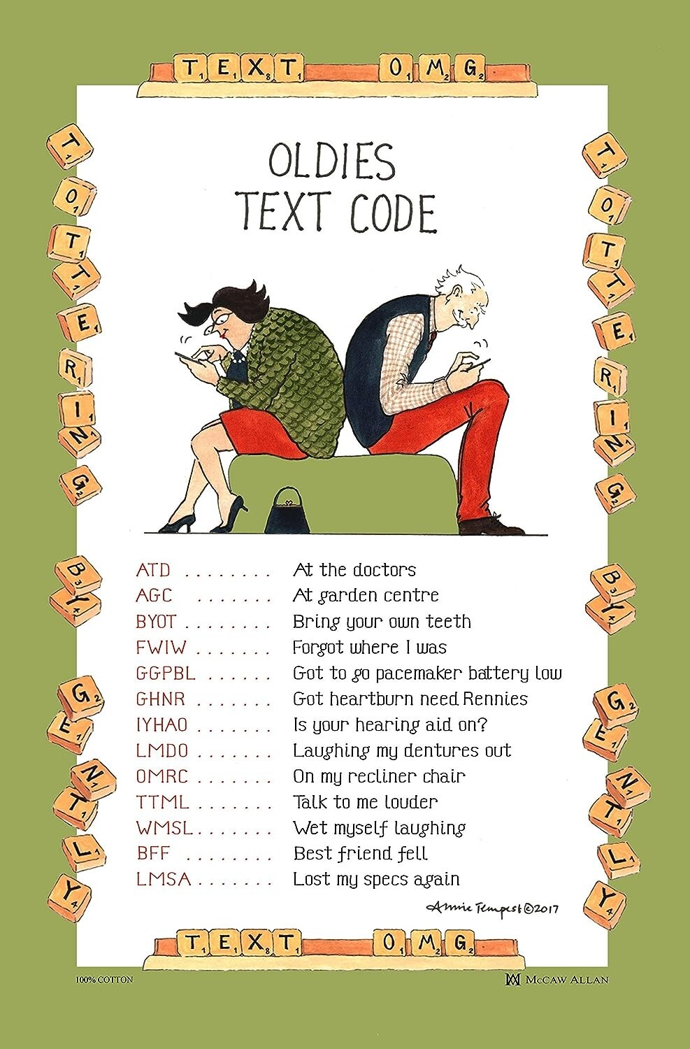 Samuel Lamont Tottering Oldies Text Code Tea Towel Cotton Hand Drawn Green Cream Samuel Lamont Tottering Oldies Text Code Tea Towel Cotton Hand Drawn Green Cream