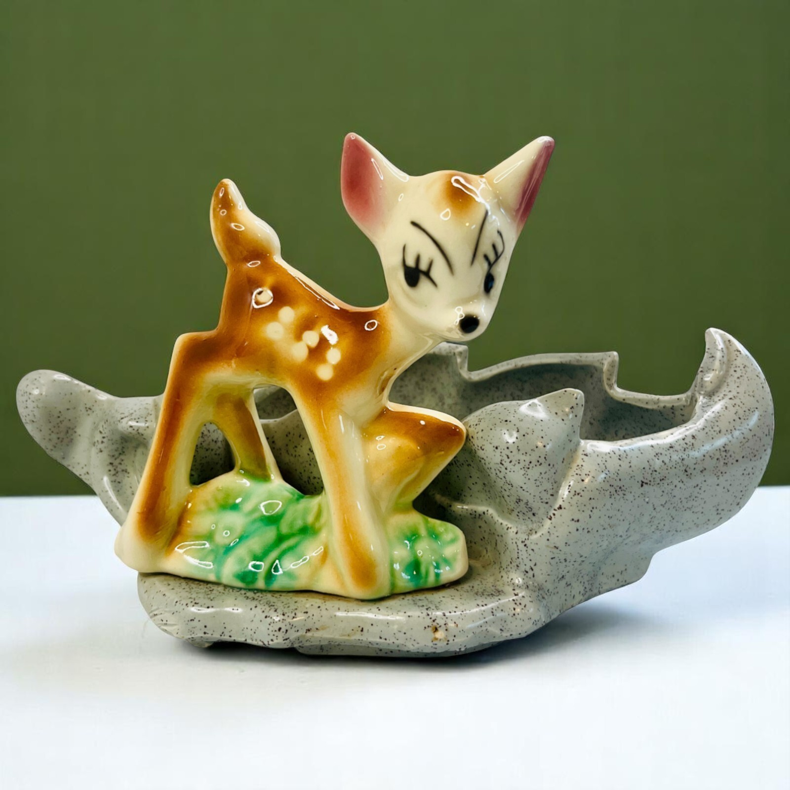 Vintage Deer Planter Bambi Fawn Doe MCM Ceramic Pottery USA Standing Grass READ