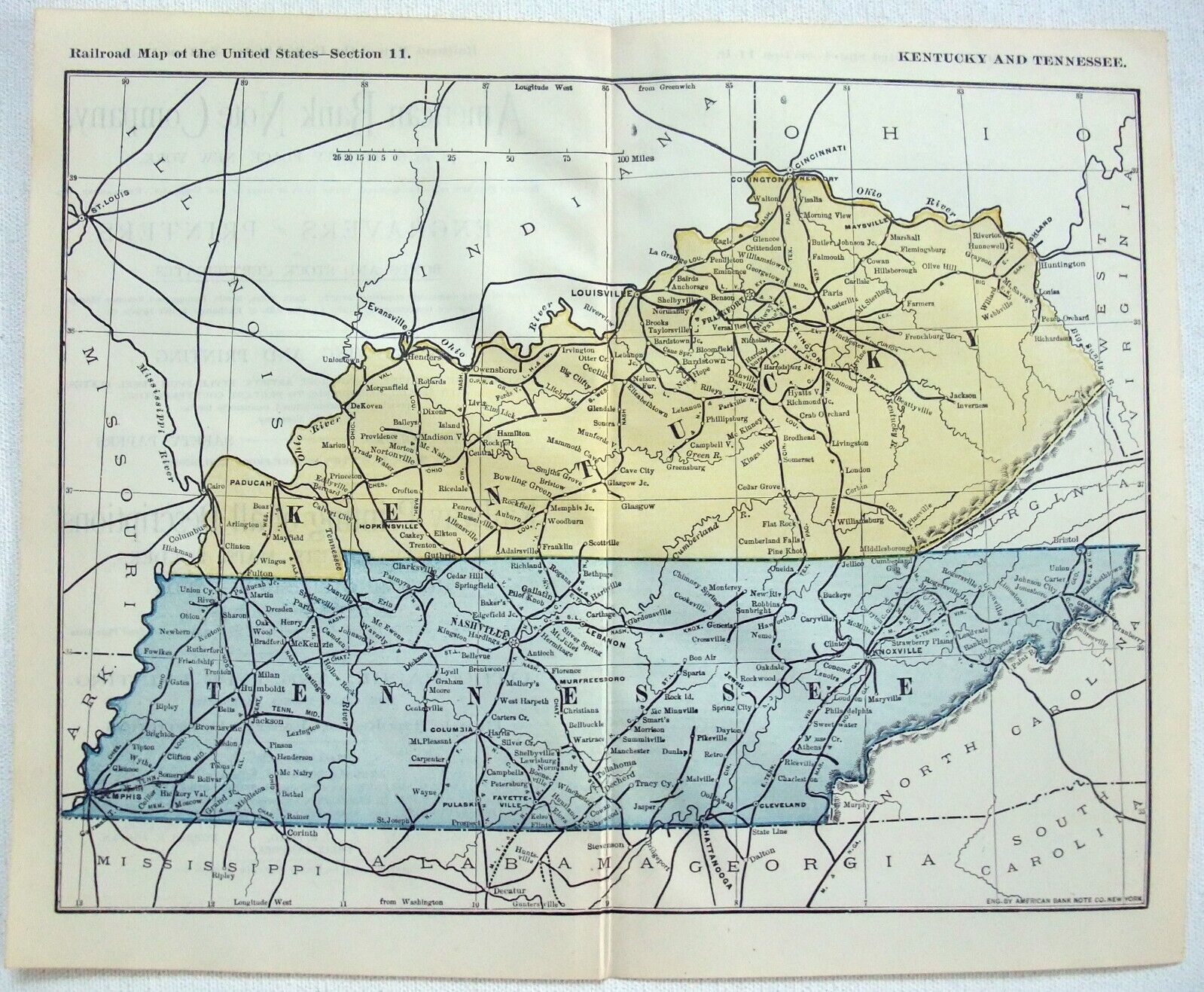 Kentucky & Tennessee - Original 1894 Railroad Map. Antique