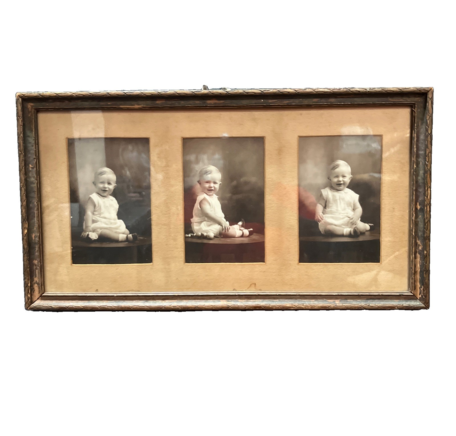 Antique Triple Pane Wooden Picture Frame W/ 3 Vintage Baby Child Photos 1930s Antique Triple Pane Wooden Picture Frame W/ 3 Vintage Baby Child Photos 1930s