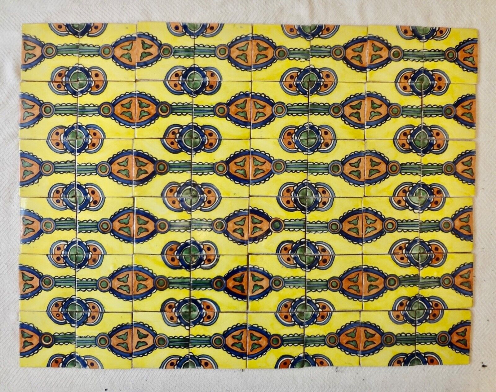Lot Set Of 48 4x4  Mexican Ceramic Tiles Folk Art  Yellow Blue Green