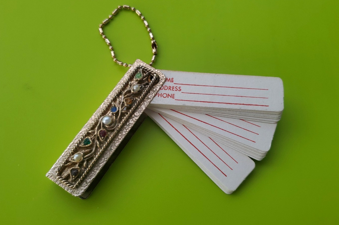 VTG/Antique Pocket/Key Chain Adress Book w/Filigree Metal Case Rhinestones/Pearl VTG/Antique Pocket/Key Chain Adress Book w/Filigree Metal Case Rhinestones/Pearl