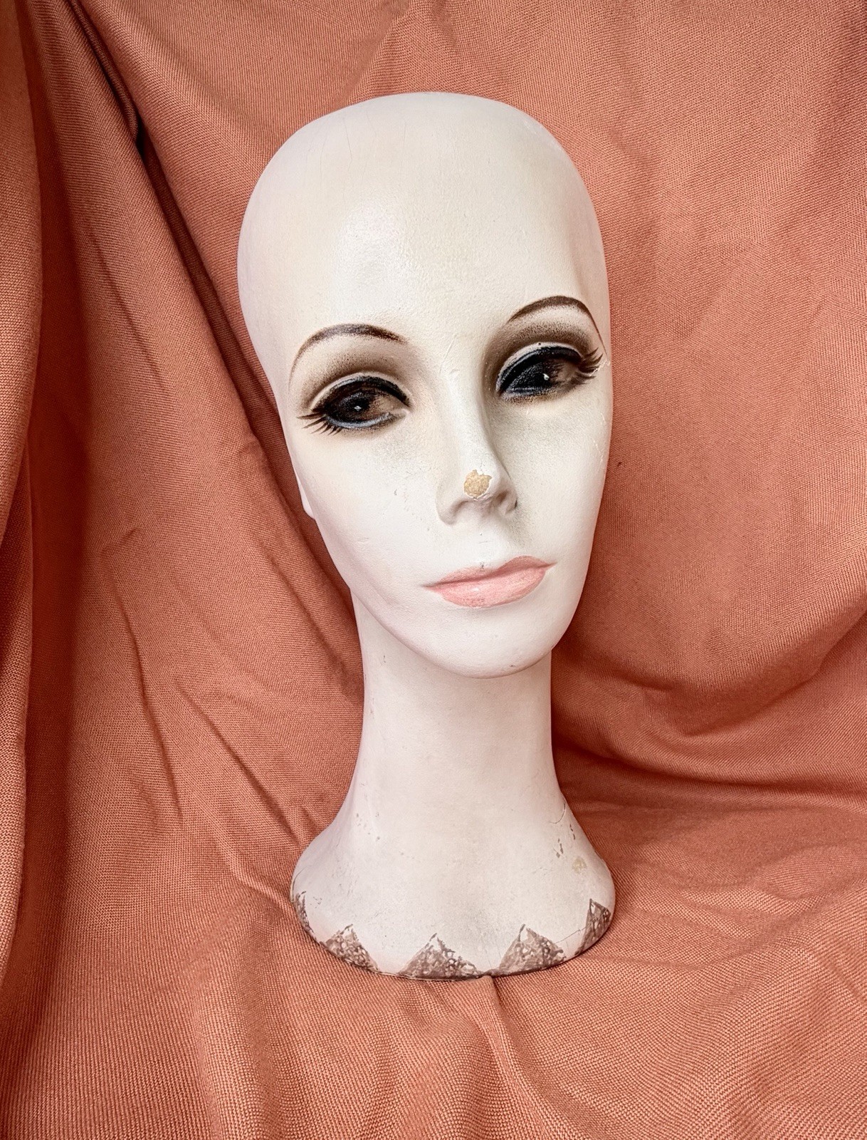 Vtg 60s Mannequin Lady Head w/ Makeup Chalkware Plaster  / Hat Display Art Deco