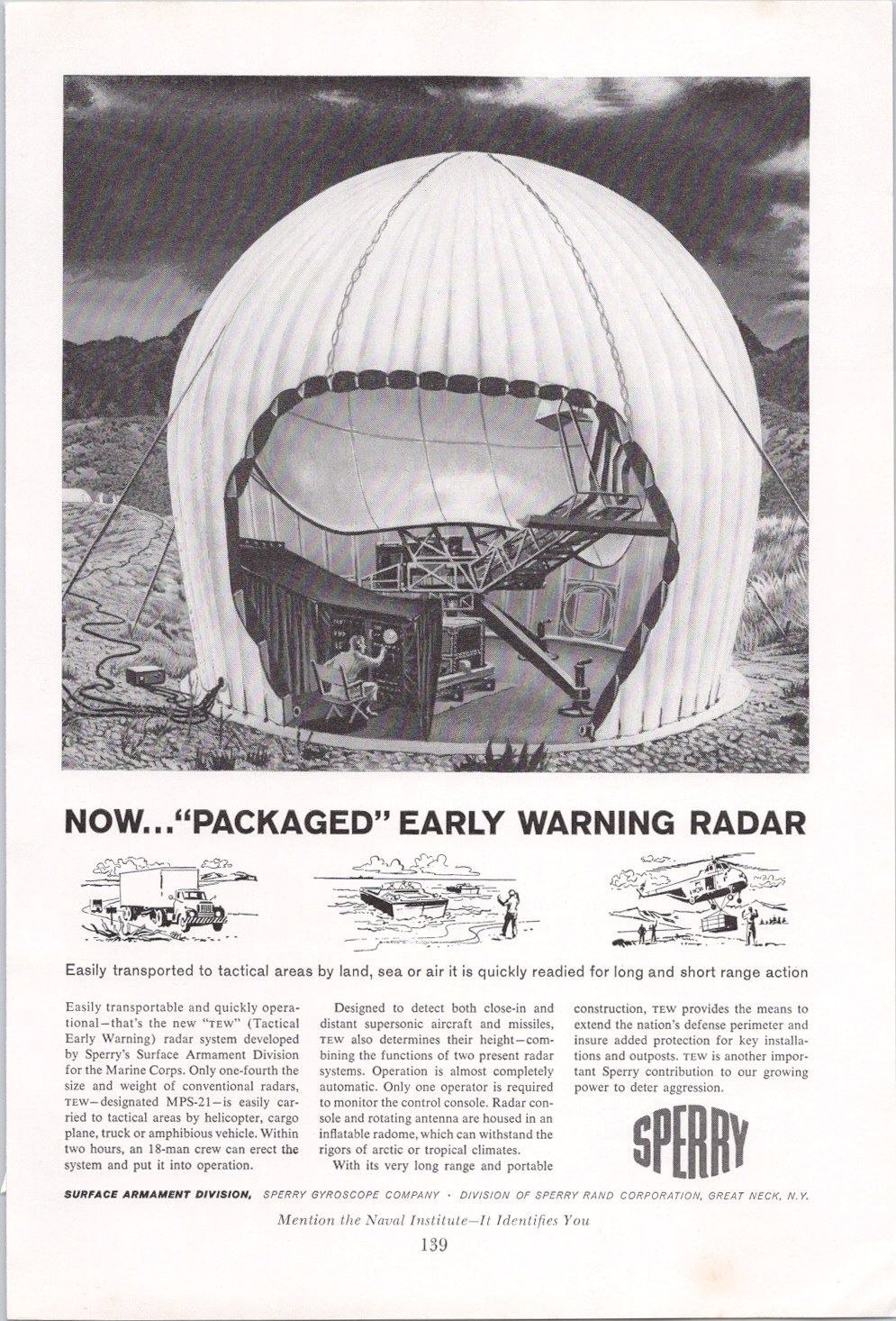Sperry 1960 Print Ad Packaged Early Warning Radar Tactical TEW MPS-21