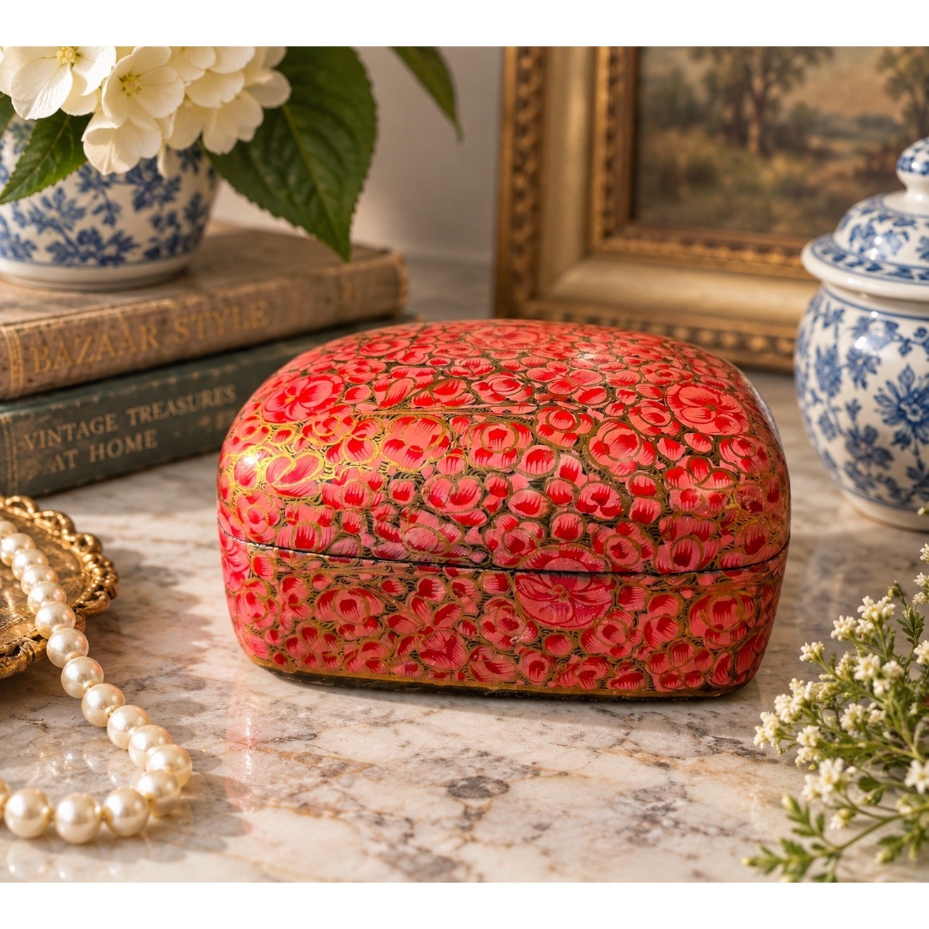 Vintage Kashmiri Lacquerware Trinket Box Coral Floral Gold Leaf Papier Mache Vintage Kashmiri Lacquerware Trinket Box Coral Floral Gold Leaf Papier Mache