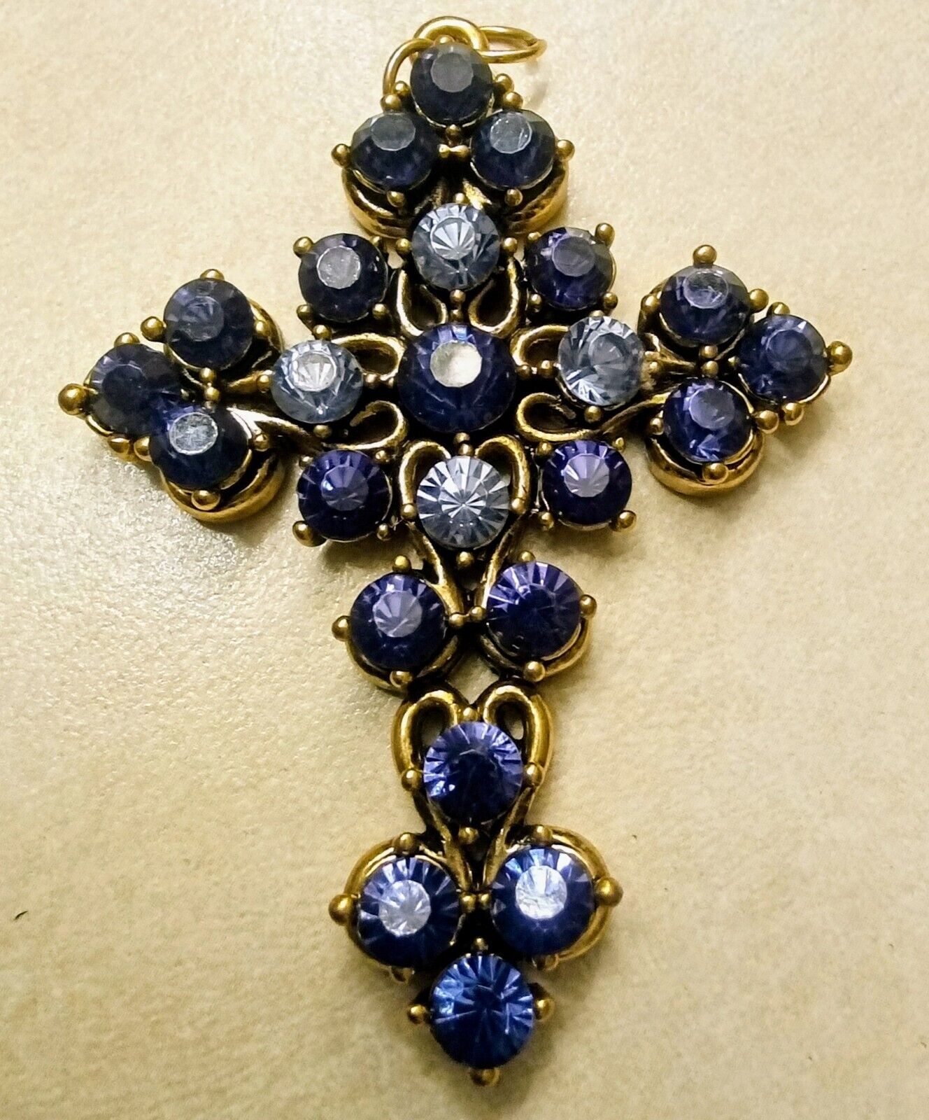 Vintage BIG Religious Christian Cross Necklace Pendant Blue Stone Encrusted 