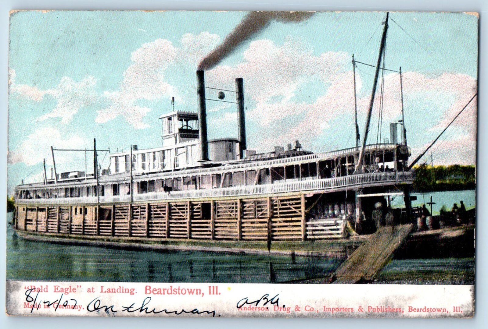 Beardstown Illinois Postcard Bald Eagle Landing Steamer Ship Dock c1907 Vintage