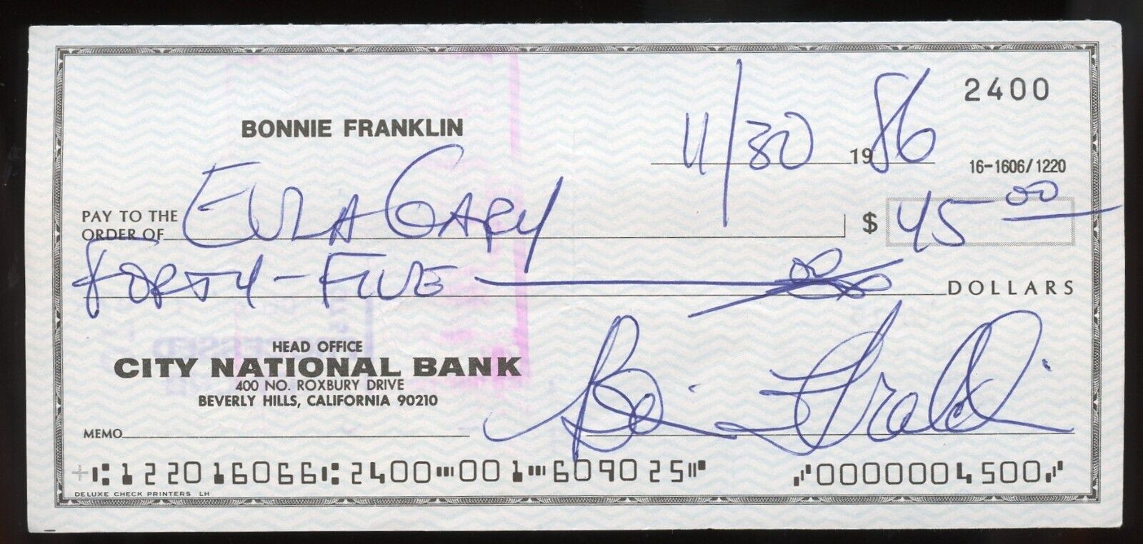 Bonnie Franklin d2013 signed check auto Actress in TV Series One Day at a Time