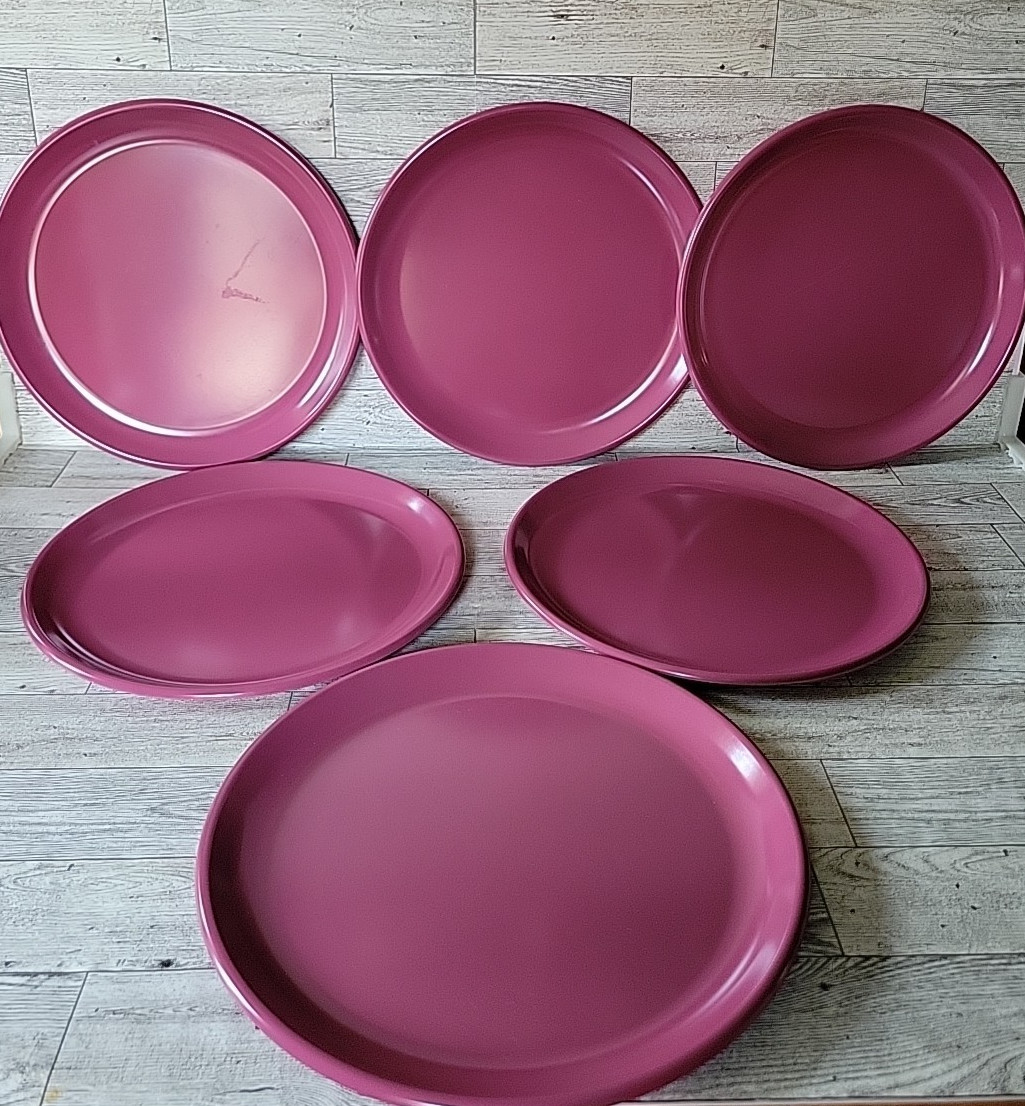 6 VTG Rubbermaid Melamine Dinner Plates 3840 Burgundy Rose Mauve Pink Picnic 10\
