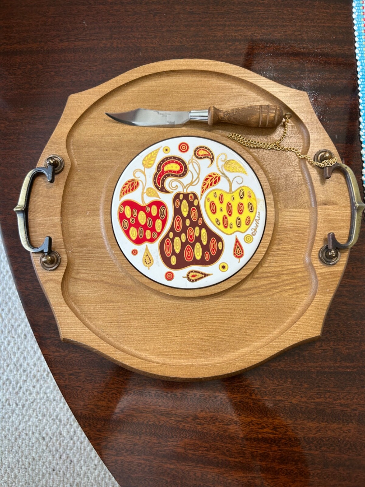 Vintage Fred Press Eames Era Apple Pear Fruit Tile Fruit Cheese Tray w/Knife