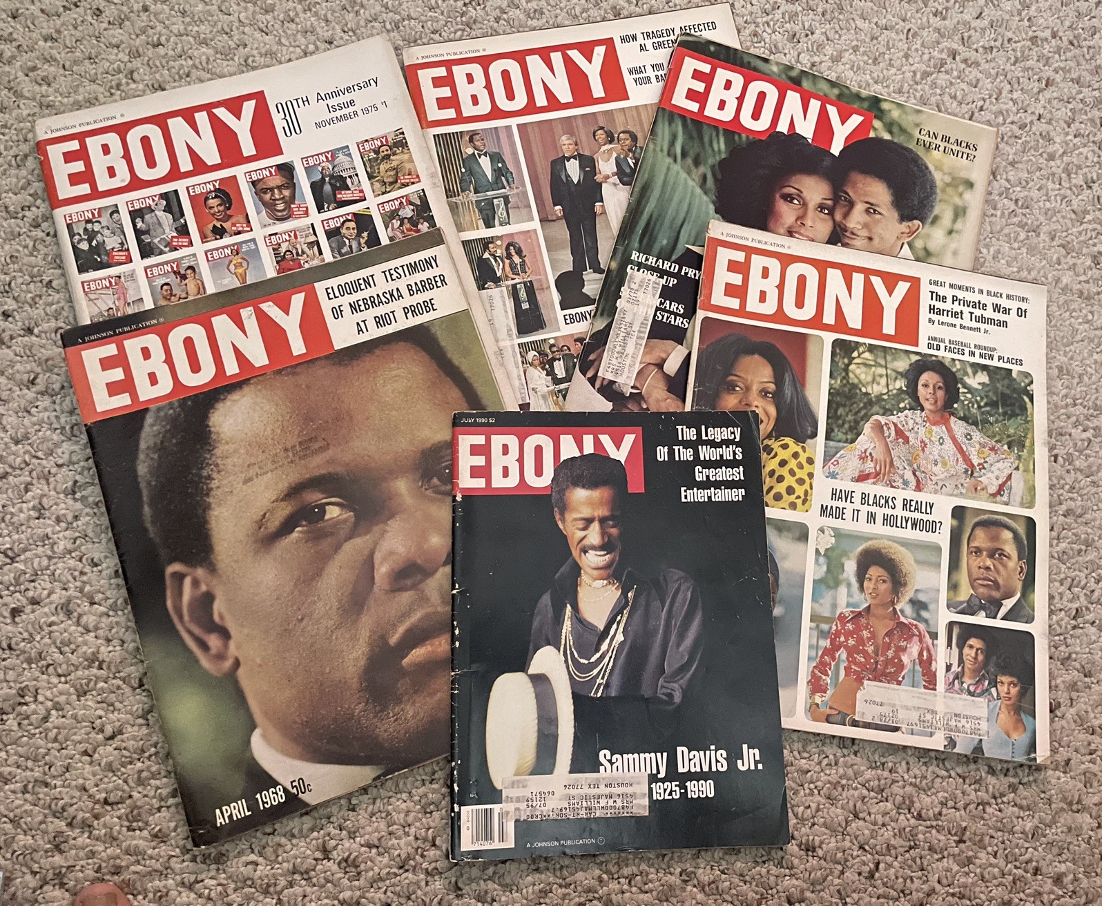 Vintage Ebony Magazines Lot Of 6-Sidney Poitier, Diahann Carroll, Sammy Davis Jr