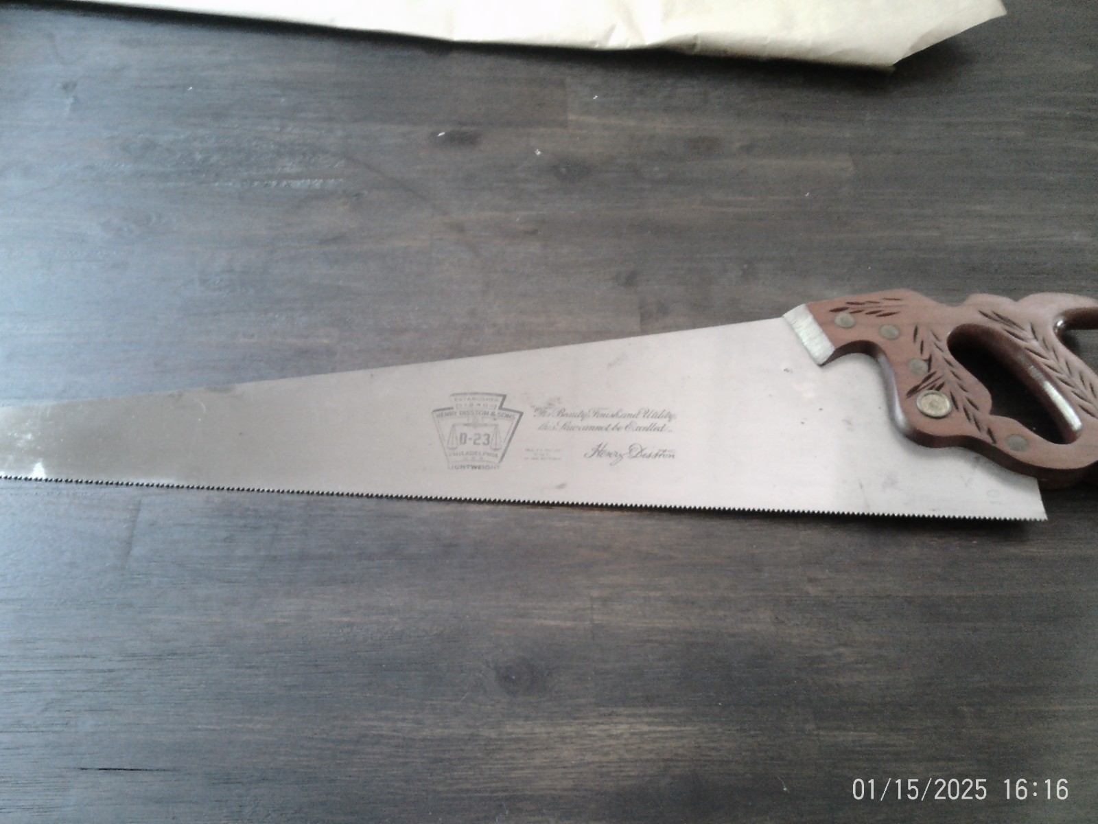 Vtg. Henry Disston D-23 Lightweight Saw 7 tpi 26 inch Blade - Excellent