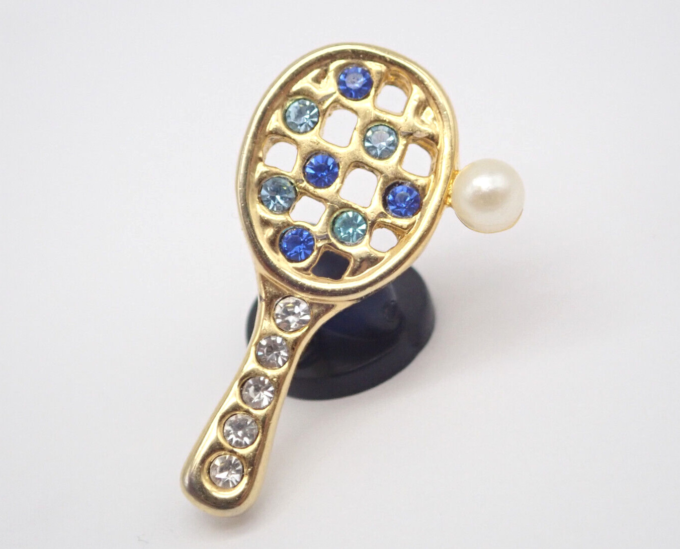 Tennis Racket Blue Gemstones Gold Tone Vintage Lapel Pin