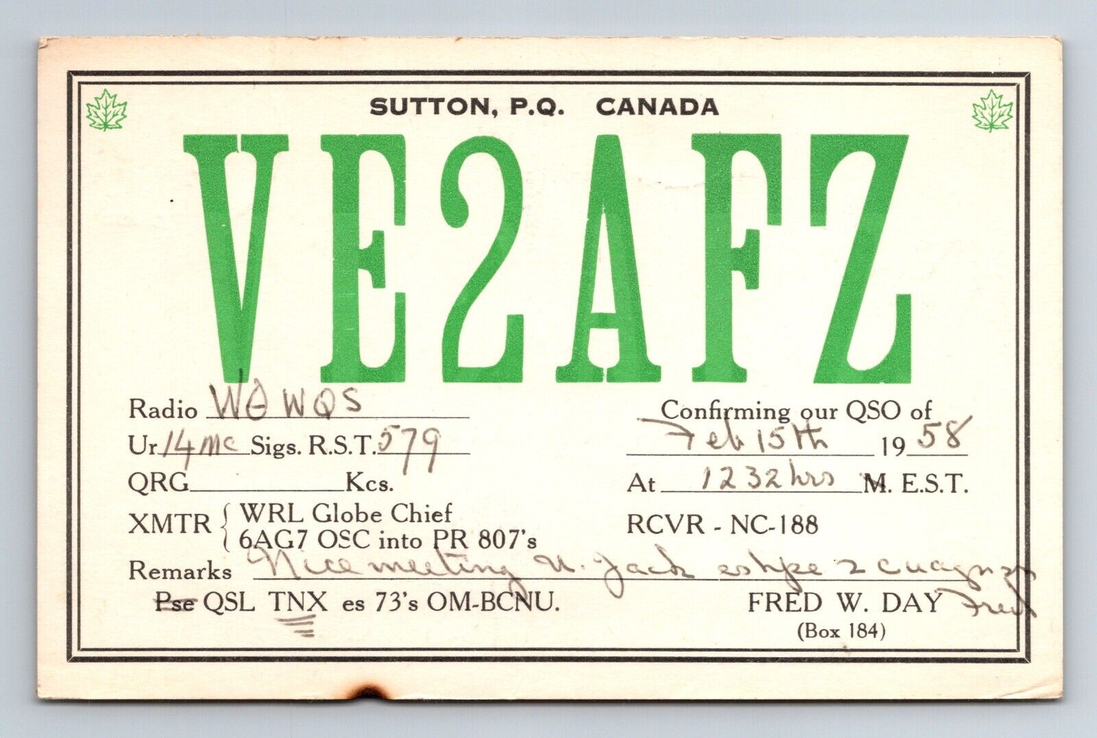 Vintage Ham Radio CB Amateur QSL QSO Postcard VE2AFZ Quebec, Canada 1958