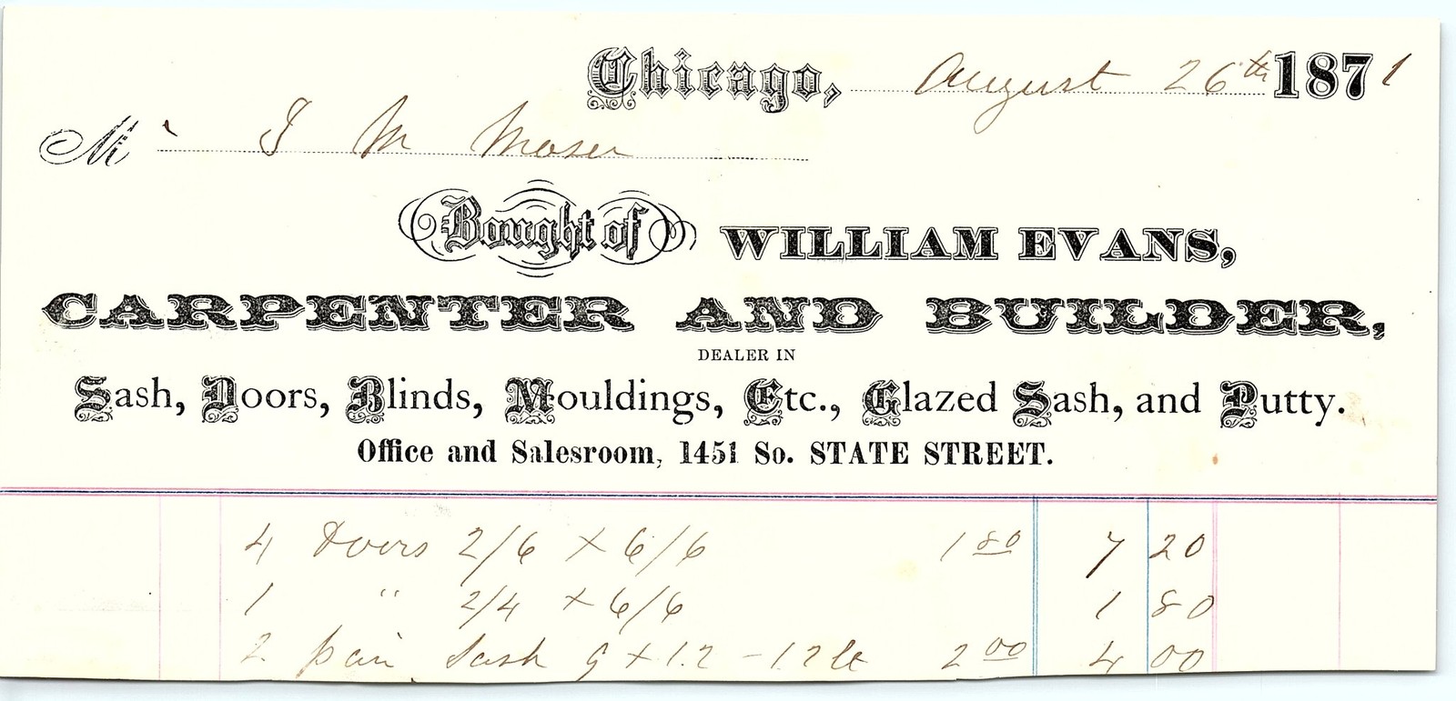 1871 Chicago William Evans Carpenter Billhead