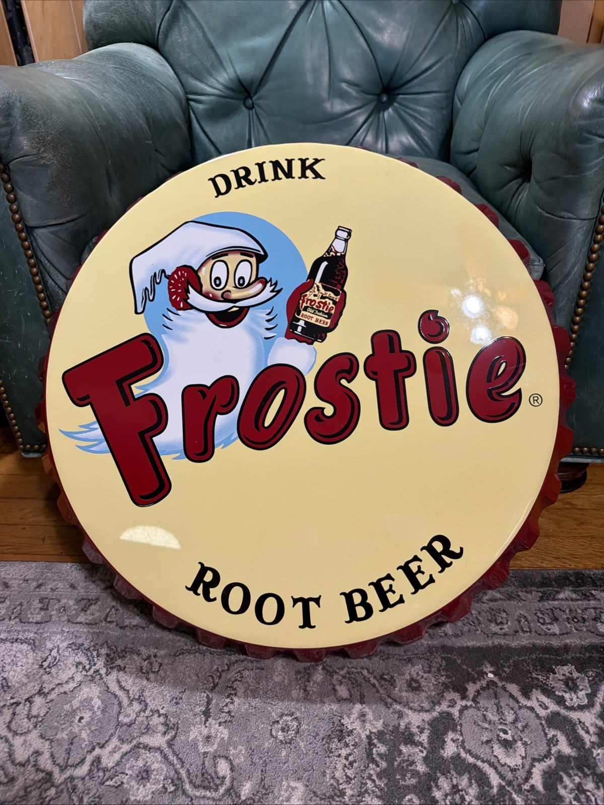 Nice 25” Stout Made Frostie Root Beer Bottle Cap Advertising Sign