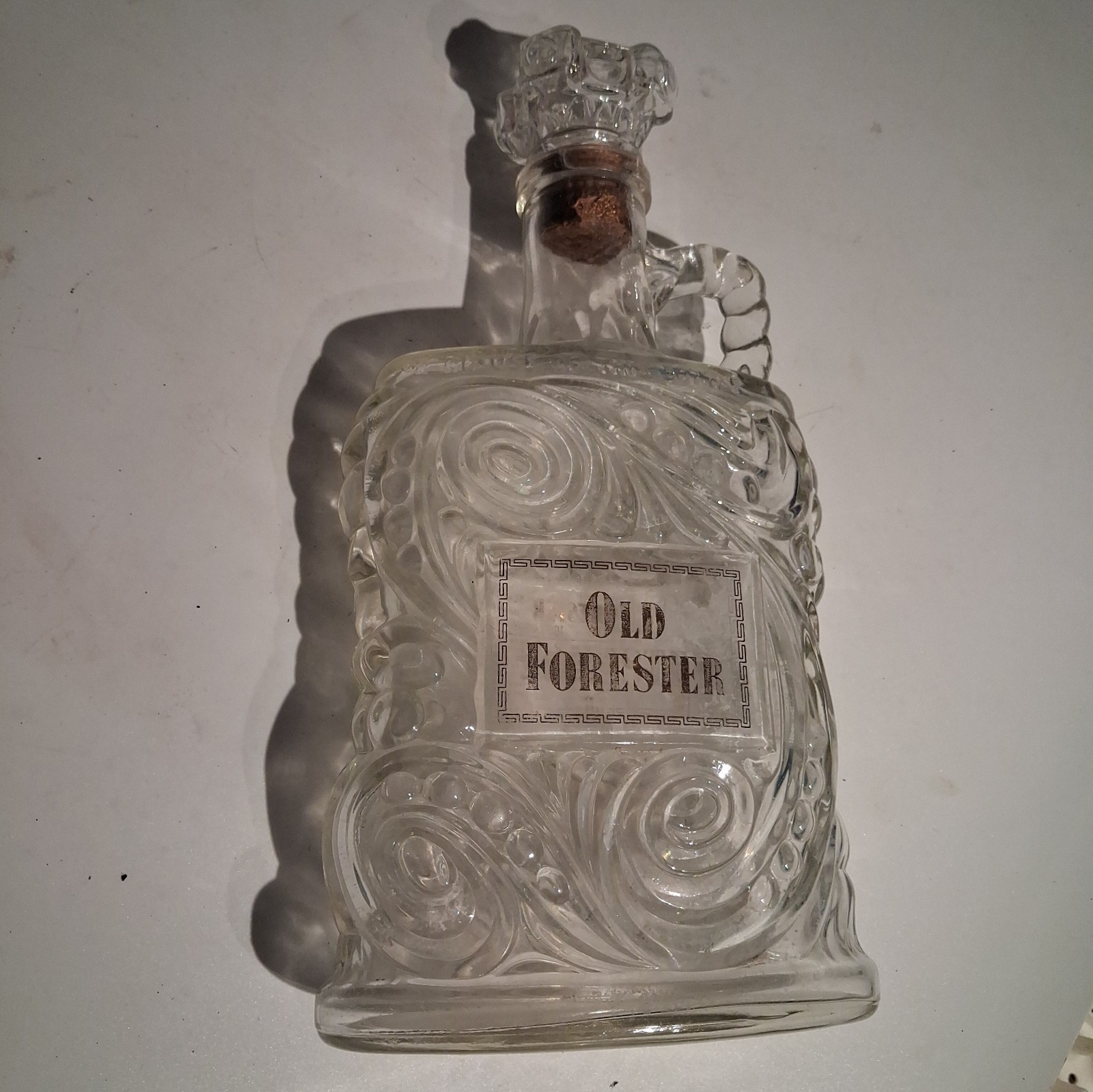 Vintage Old Forester Clear Embossed Decanter matching glass cork stopper 11x6