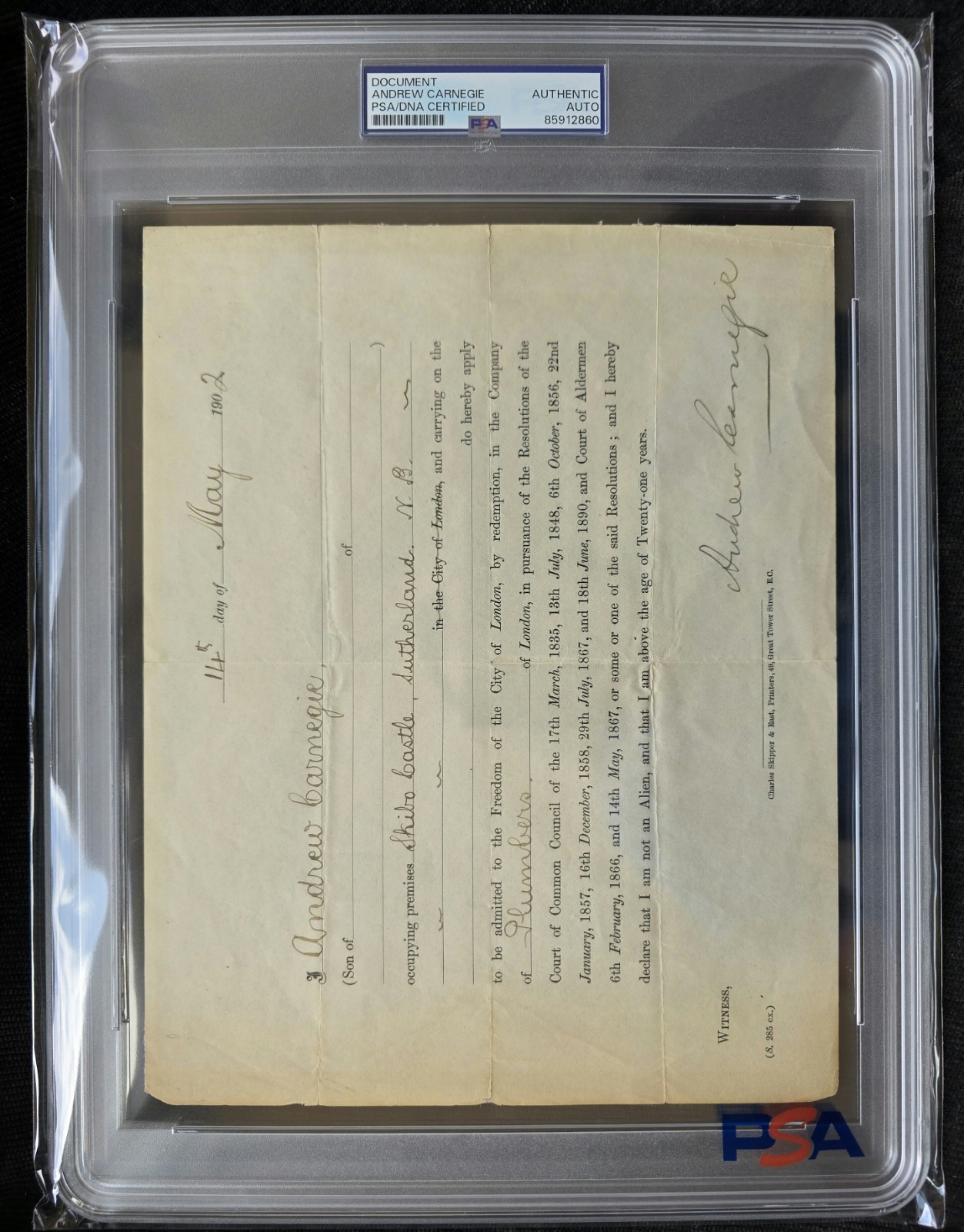 ANDREW CARNEGIE SIGNED / AUTOGRAPH DOCUMENT PSA & JSA AUTHENTIC
