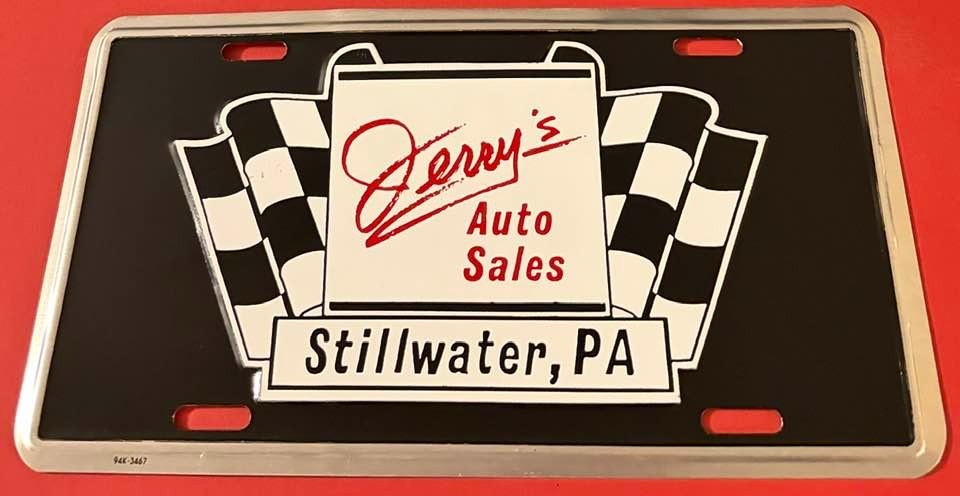 Jerry's Auto Sales Dealership Booster License Plate Stillwater PA Racing Flags
