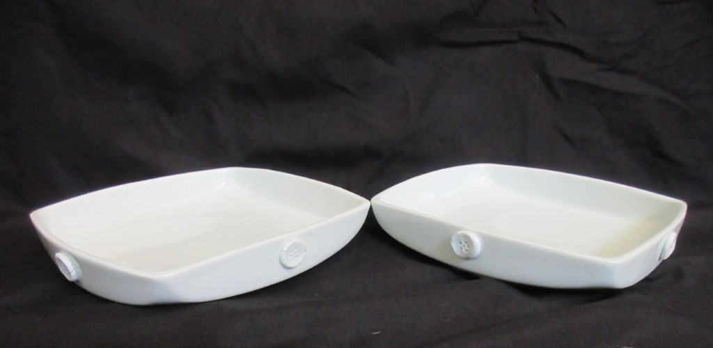 Kim Yikyung Korean Studio Porcelain Square Pedestal Plates Signed Set of 2