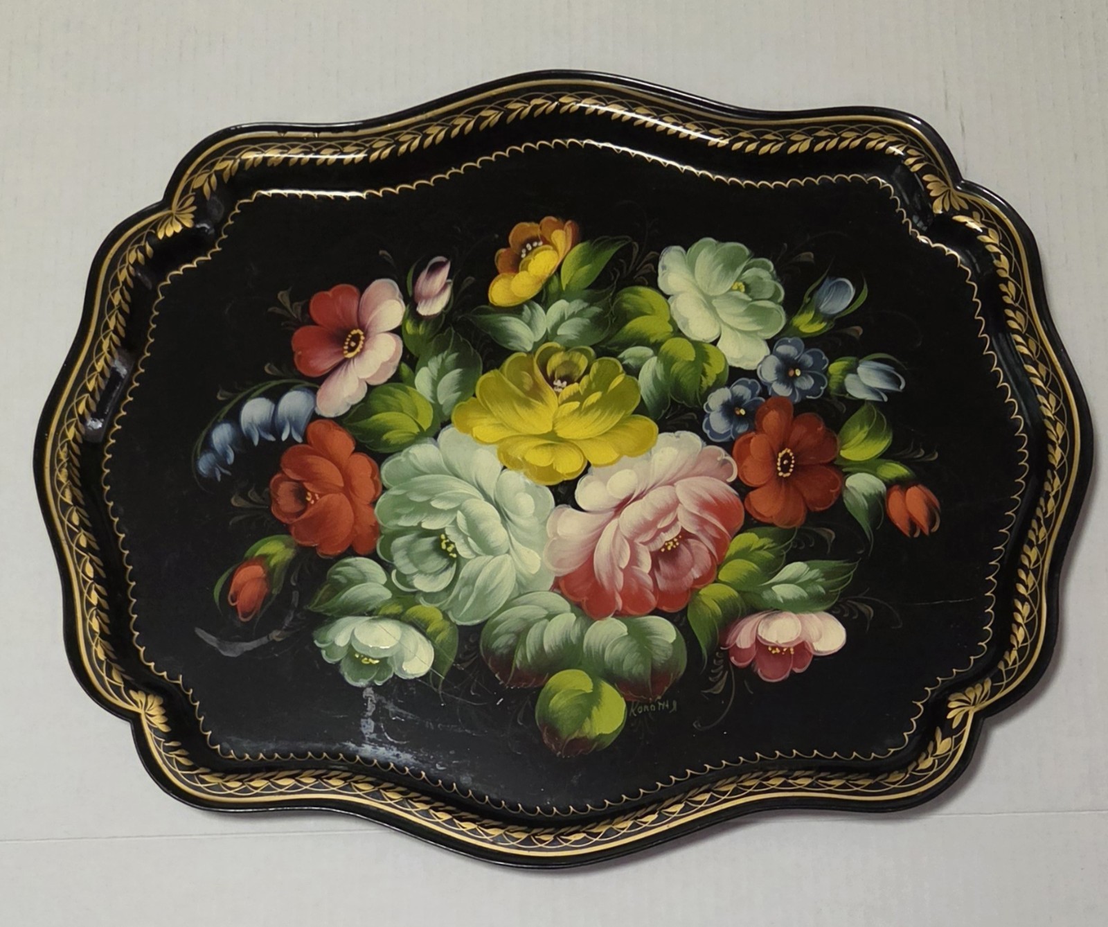 Vintage USSR Zhostovo Floral Tole Tray Hand Painted Signed Soviet Folk Art Stamp