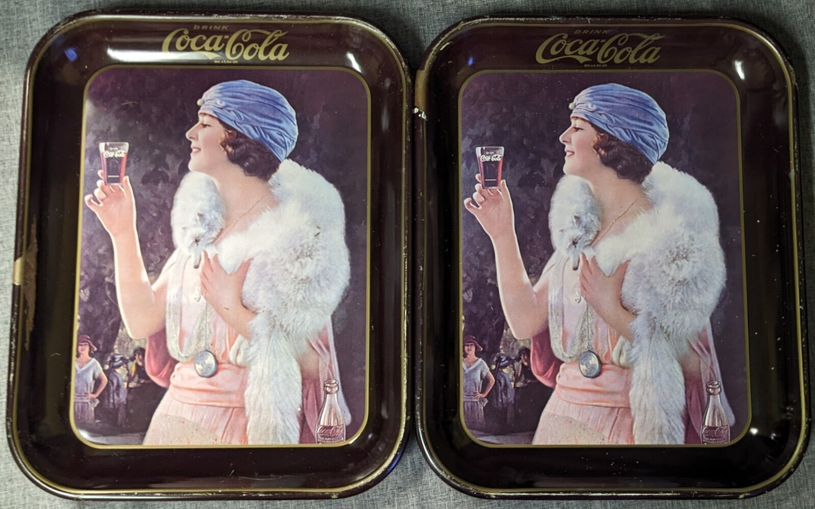Pair Vintage 1970s Coca Cola Tin Serving Trays 1925 Flapper Girl with Fox Stole