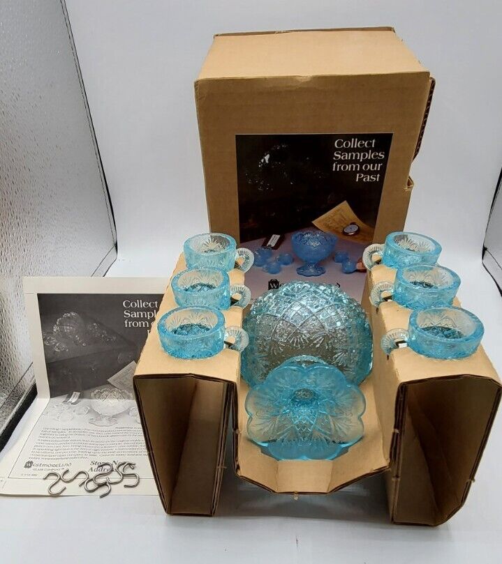 Vintage Westmoreland Glass Mini Punch Bowl Set Light Blue Original Box Hooks NEW
