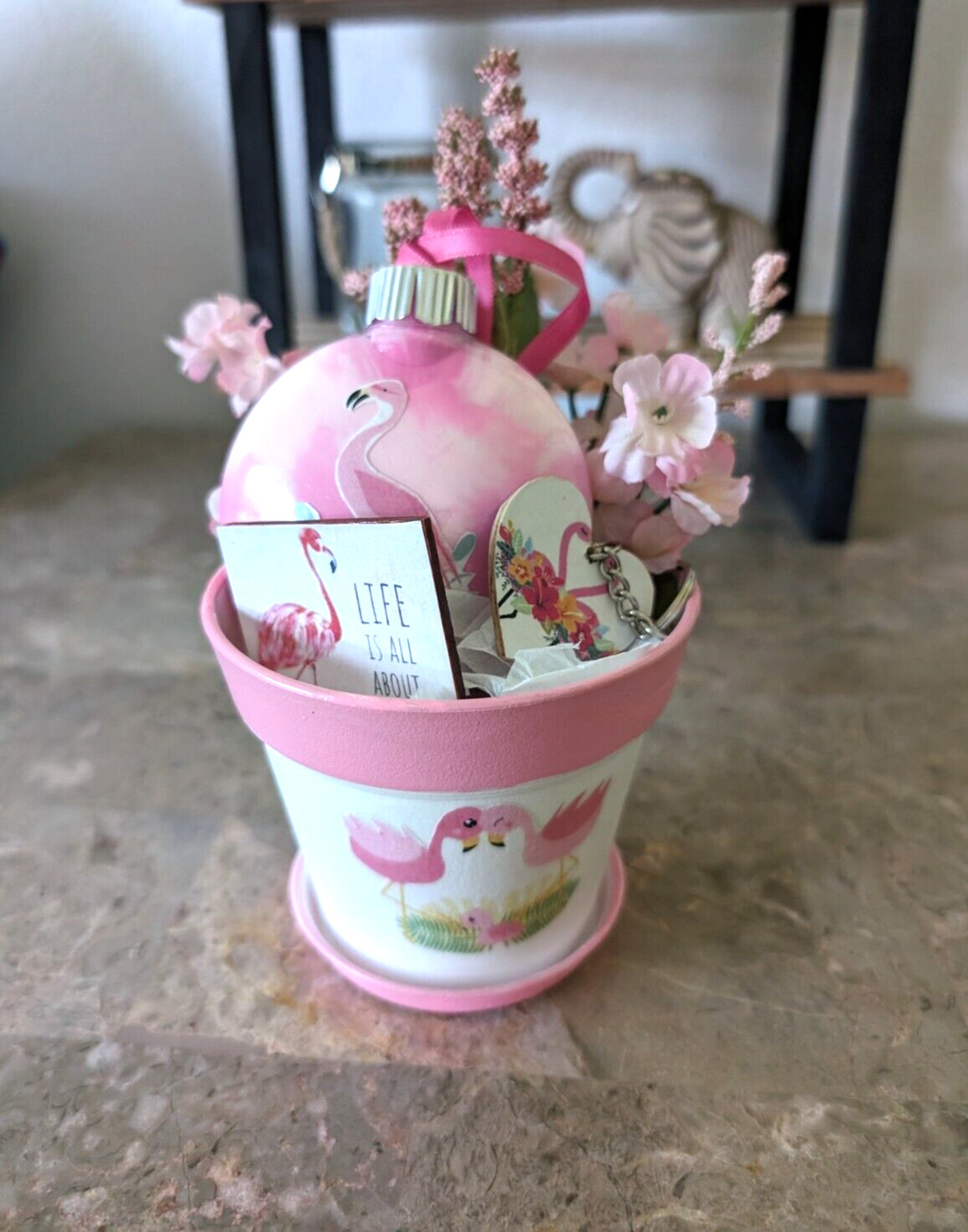 Pink Flamingo Small Plastic Planter/Ornament Themed Gift Set