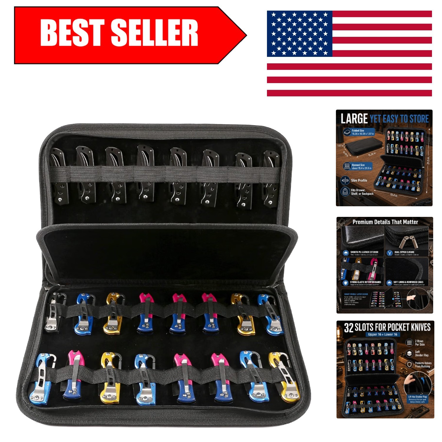 Compact 32-Slot Tactical Knife Display Case with Zipper - Portable Organizer