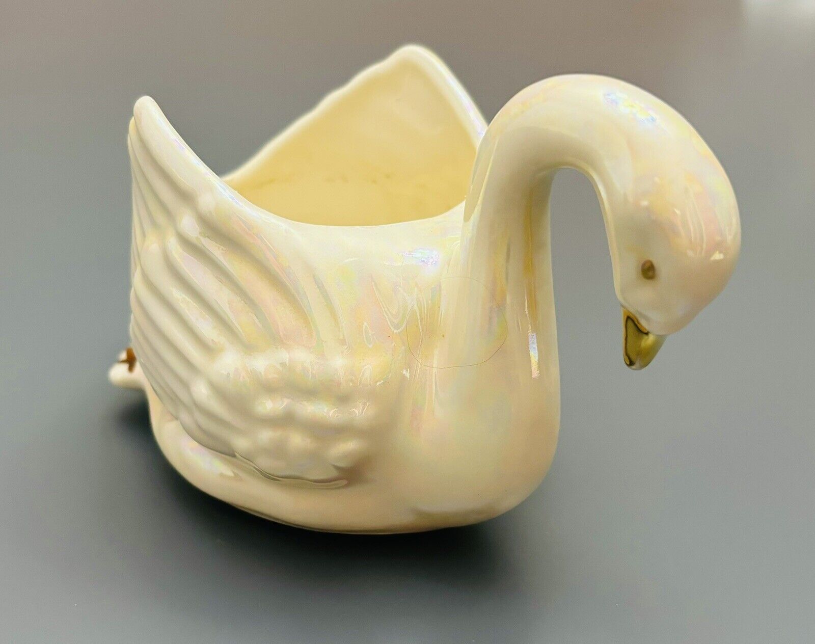 Vintage Swan Planter Trinket Dish Iridescent Luster Pearl 22 Kt Gold Trim FLAWS