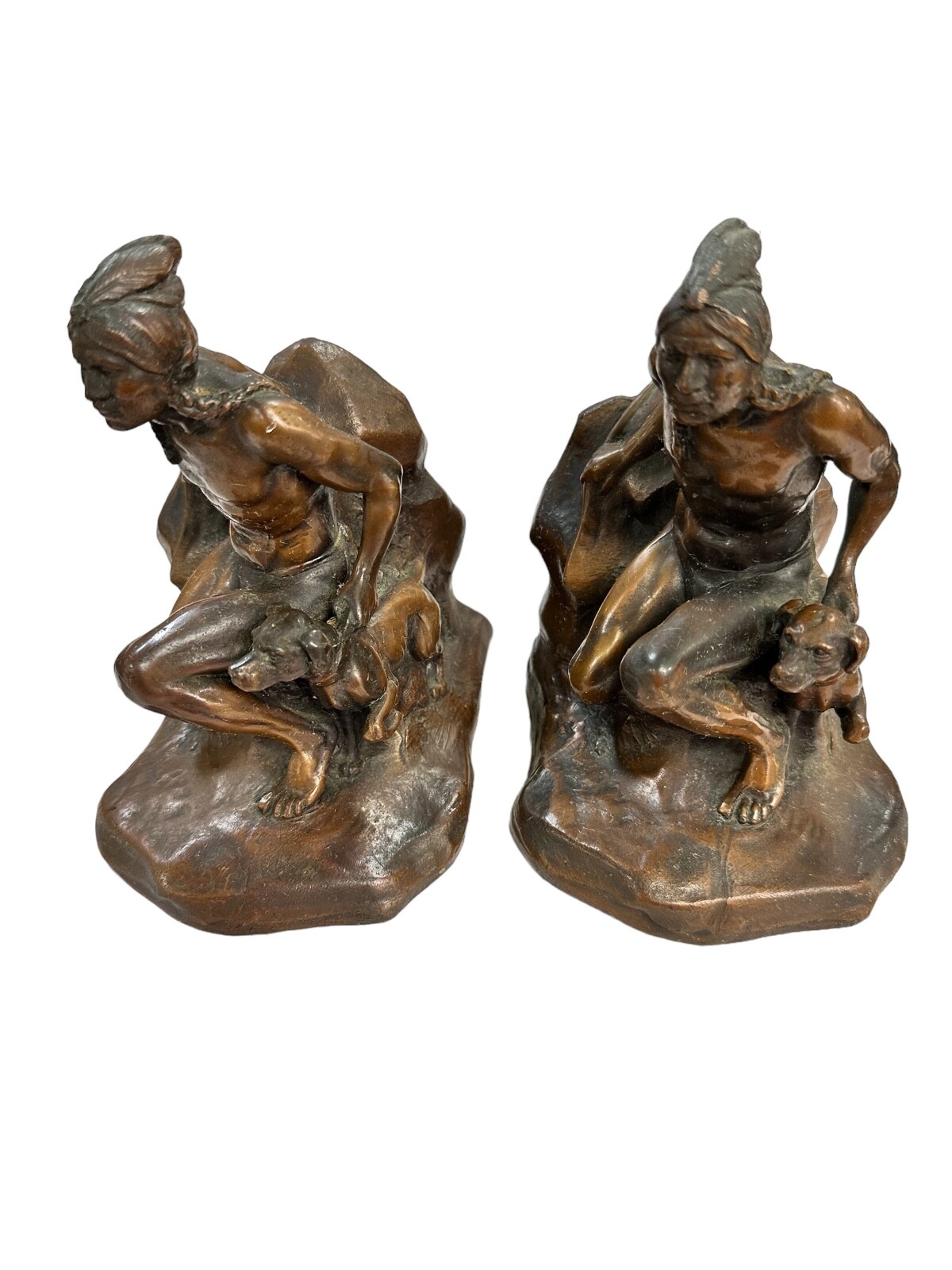 ANTIQUE JENNINGS BROTHERS BOOKENDS AWAITING PREY NATIVE AMERICAN INDIAN & DOG