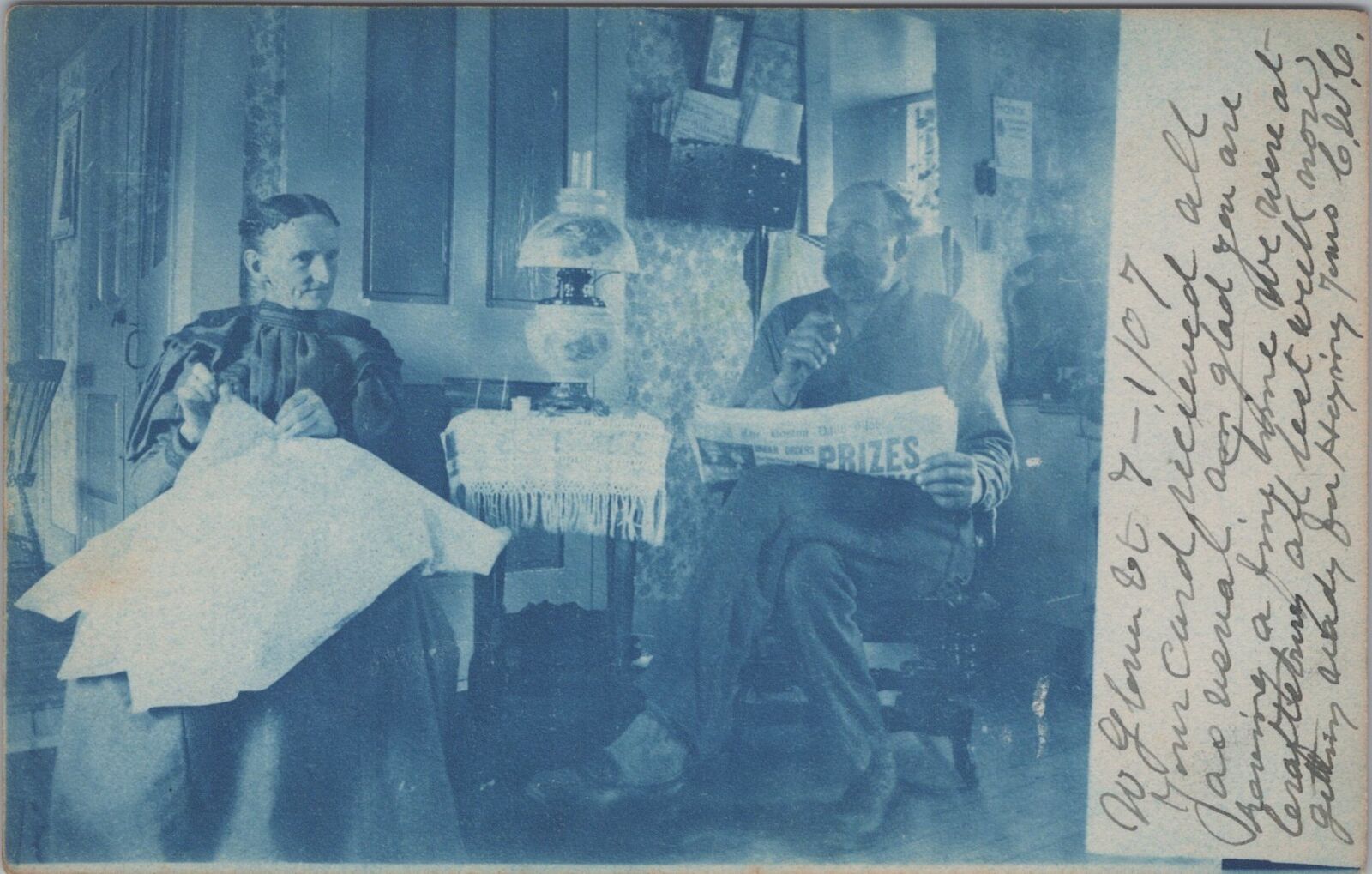 1907 West Glover Mass Couple at Home Boston Daily Cyanotype 1907 RPPC Postcard