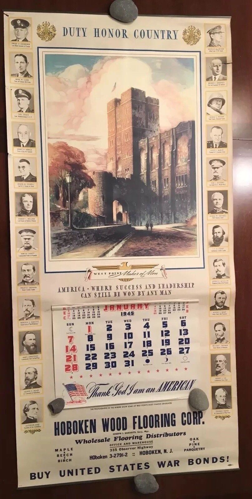 Vintage 1945 WW2 WWII WEST POINT CALENDAR POSTER WAR BONDS 46\