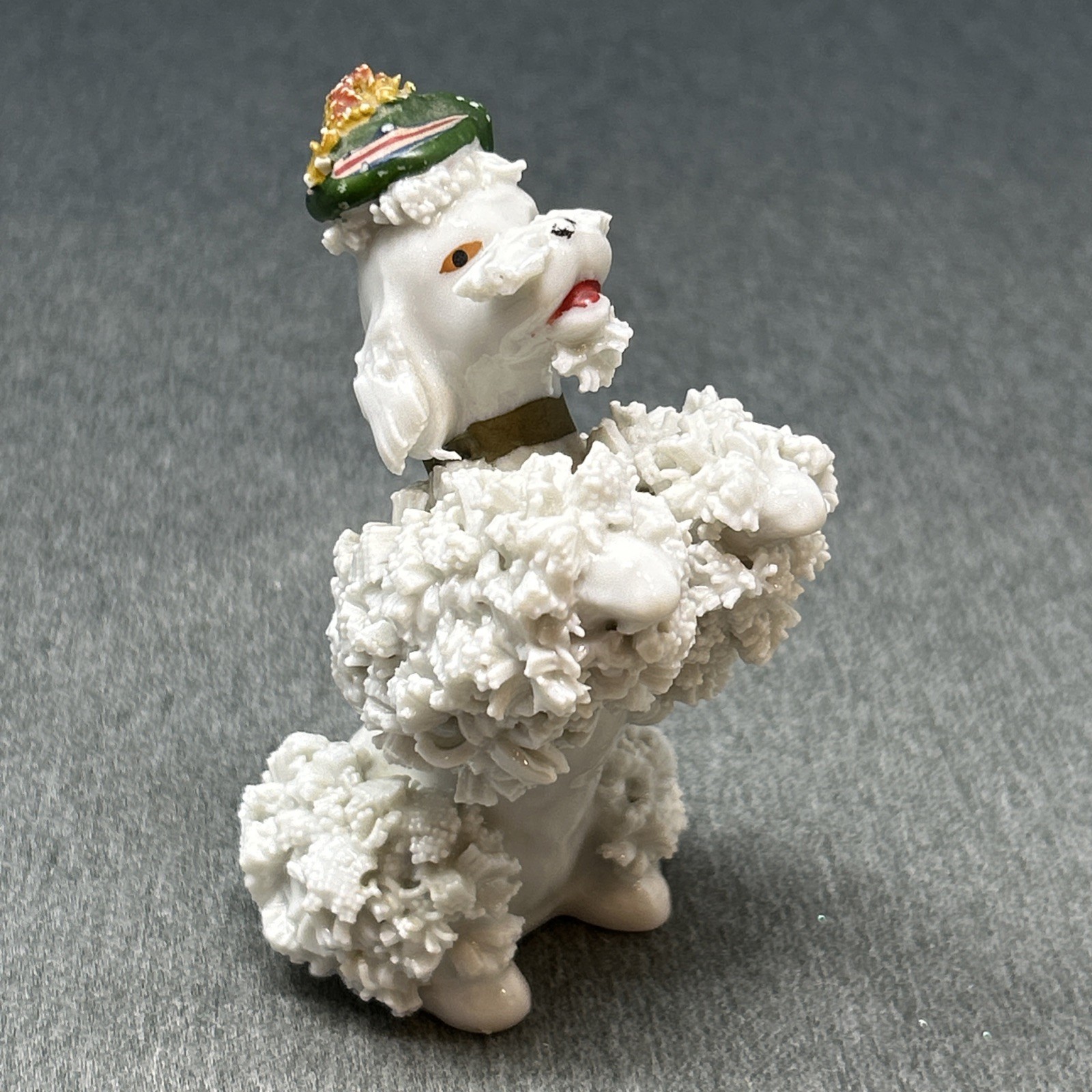 Vintage White Spaghetti Poodle Figurine Green Hat Gold Collar Marked H8309