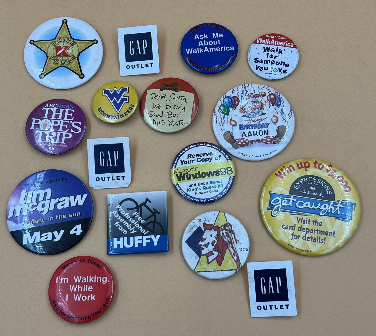 Large Lot Of 16 Nice Vintage Variety Pins: Gap Huffy K-Mart Tim McGraw The Pope