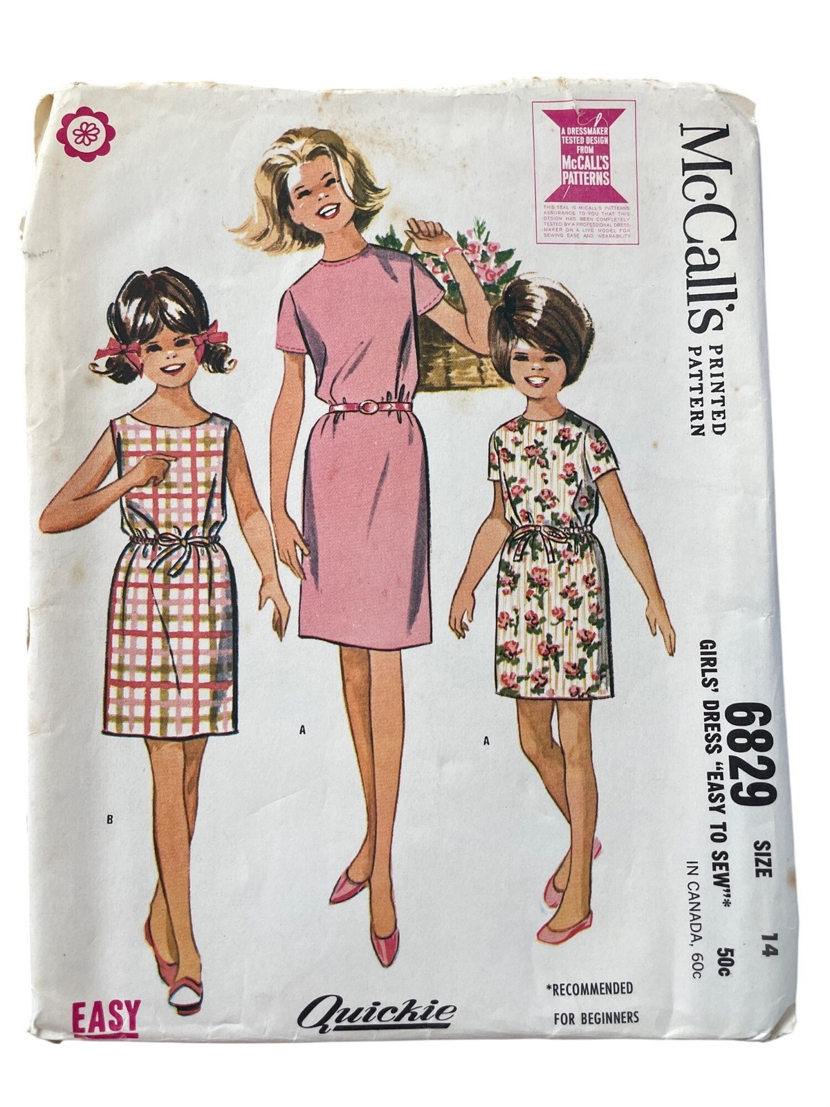 Vintage 60s McCalls 6829 Sewing Pattern Size 14 Girls’ Dress Easy Beginner CUT