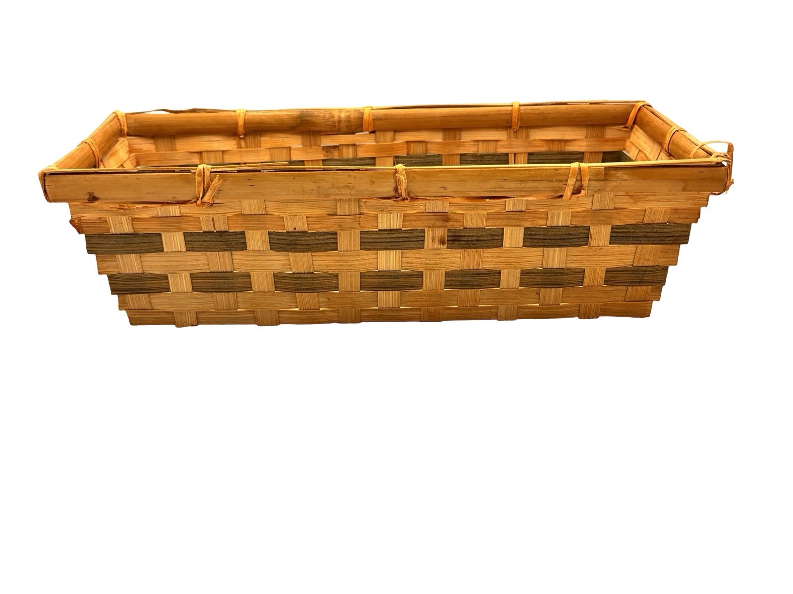 Rectangular Woven Reed Basket with Handle 11.5 X 5 X 3. Wooden Basket Storage
