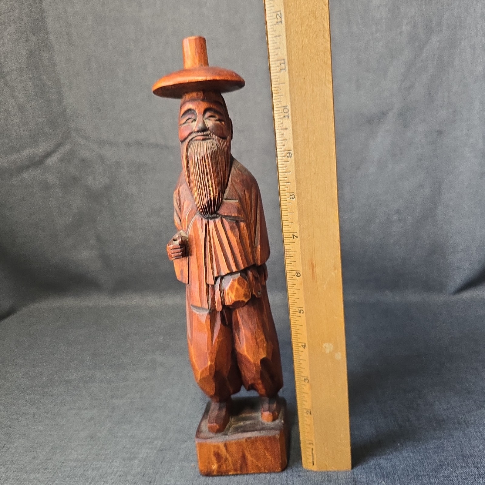 Vintage Carved Wood Old Asian Man With Hat And Cane